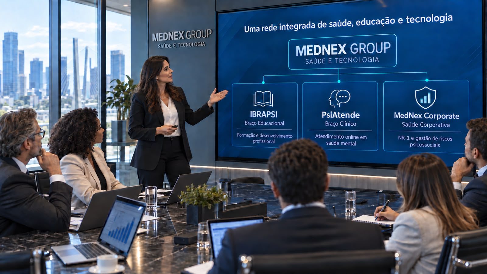 Imagen ilustrativa: presentación del ecosistema MedNex Group, con IBRAPSI, PsiAtende y MedNex Corporate.